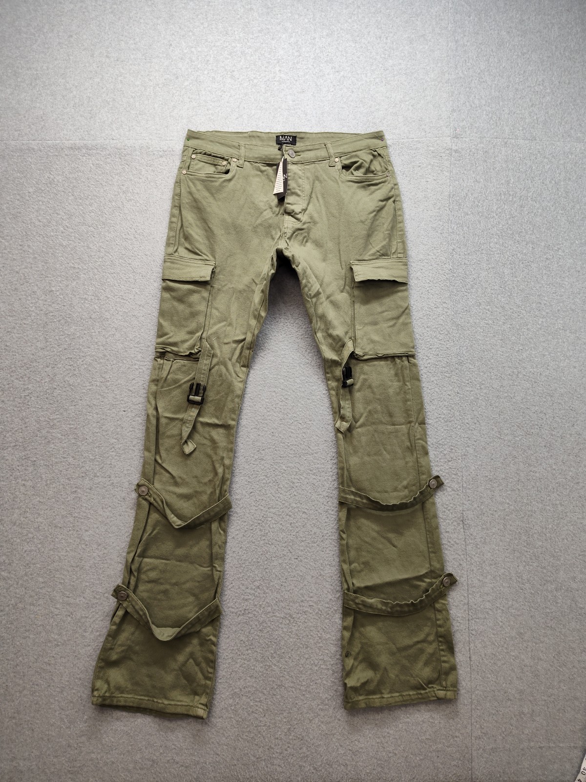 Boohooman Men Cargo Pant 34 Olive Green Utility Workwear Strappy Buckle Pockets