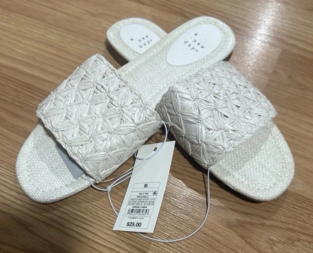 A New Day AriellaRaffiaWovenSlideSandals Memory Foam Ivory White Size 9, 9.5.