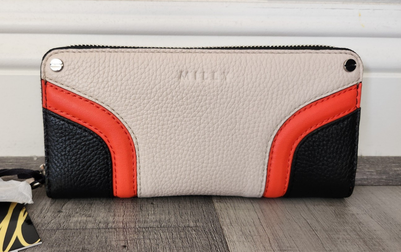 RARE NWT Women’s Milly Zip-Around Soft Leather Designer Wallet Tan Black Orange