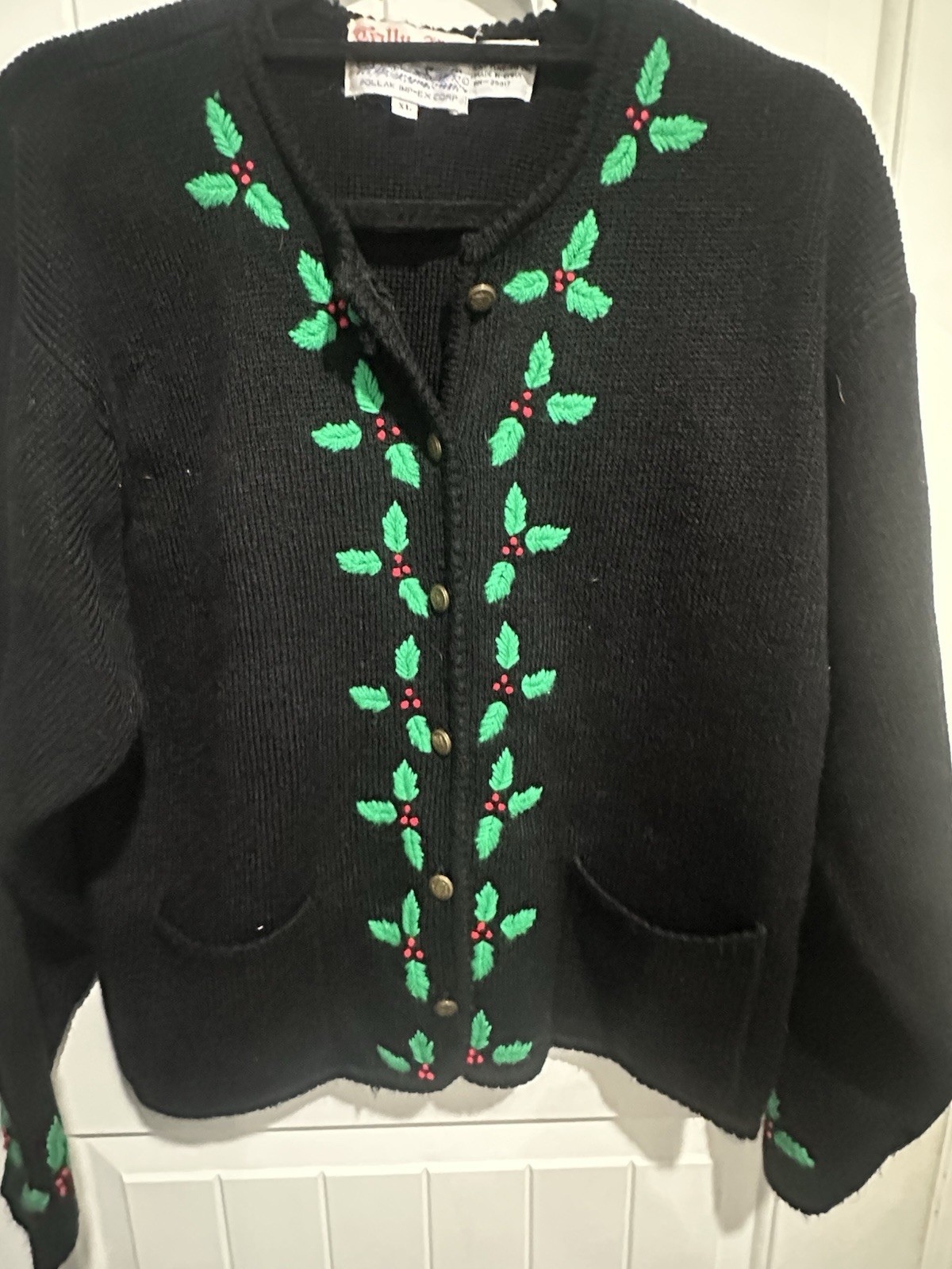 Vintage Tally-Ho Cardigan Christmas Sweater Womens XL Holly Leaves & Berries