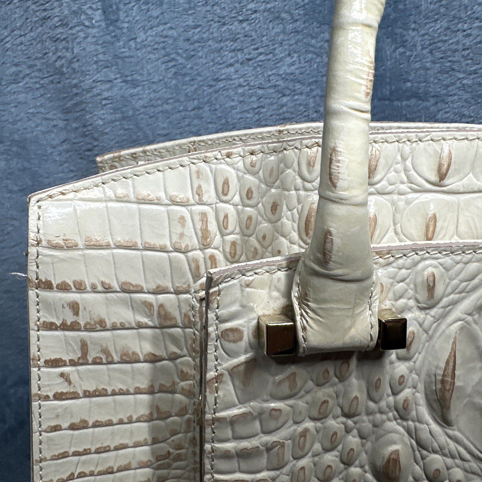 Brahmin Greta Satchel Bag With Crossbody Strap Cream Gold Croc Embossed
