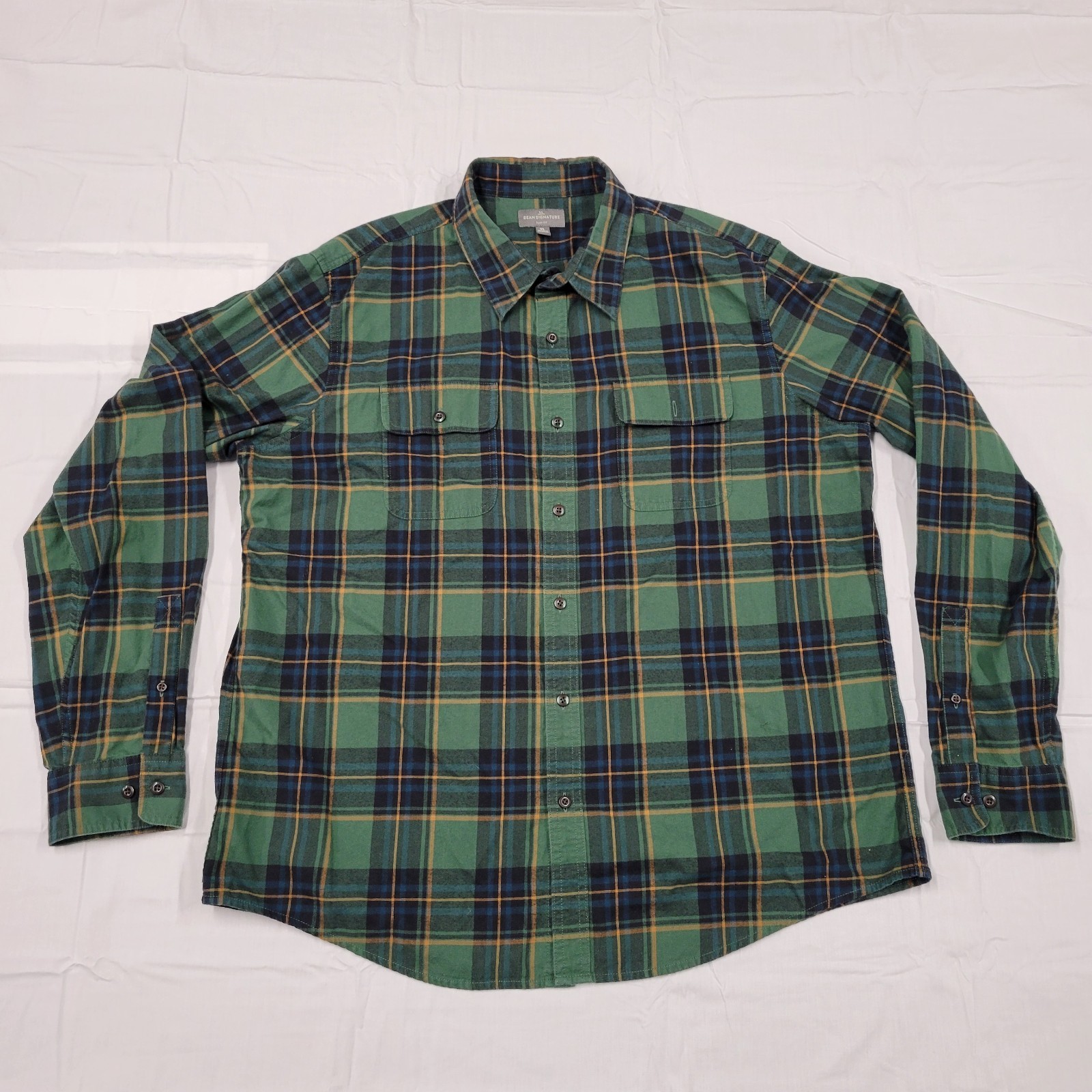 LL Bean Signature slim fit green plaid flannel shirt size XL