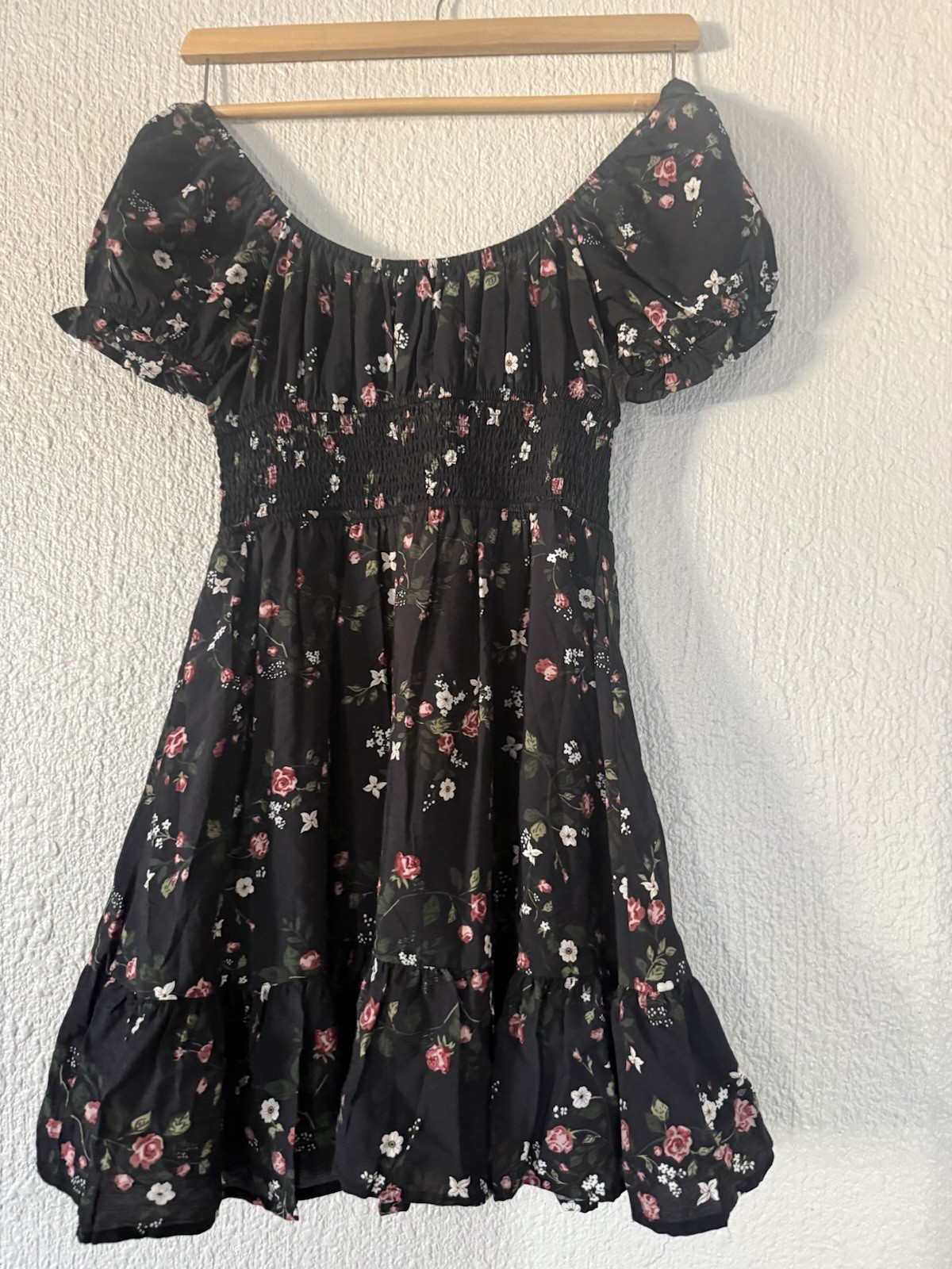 HESPERUS BLACK PUFF SLEEVE FLORAL MINI BOHO DRESS NWOT S