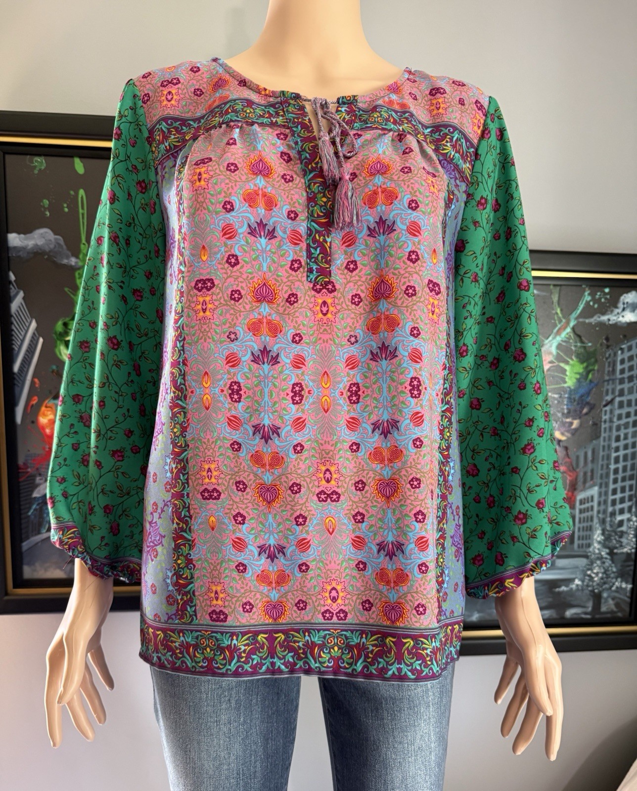 Dalia Women’s Pink Green Floral Mixed Print Peasant Blouse – Sz See Measurements