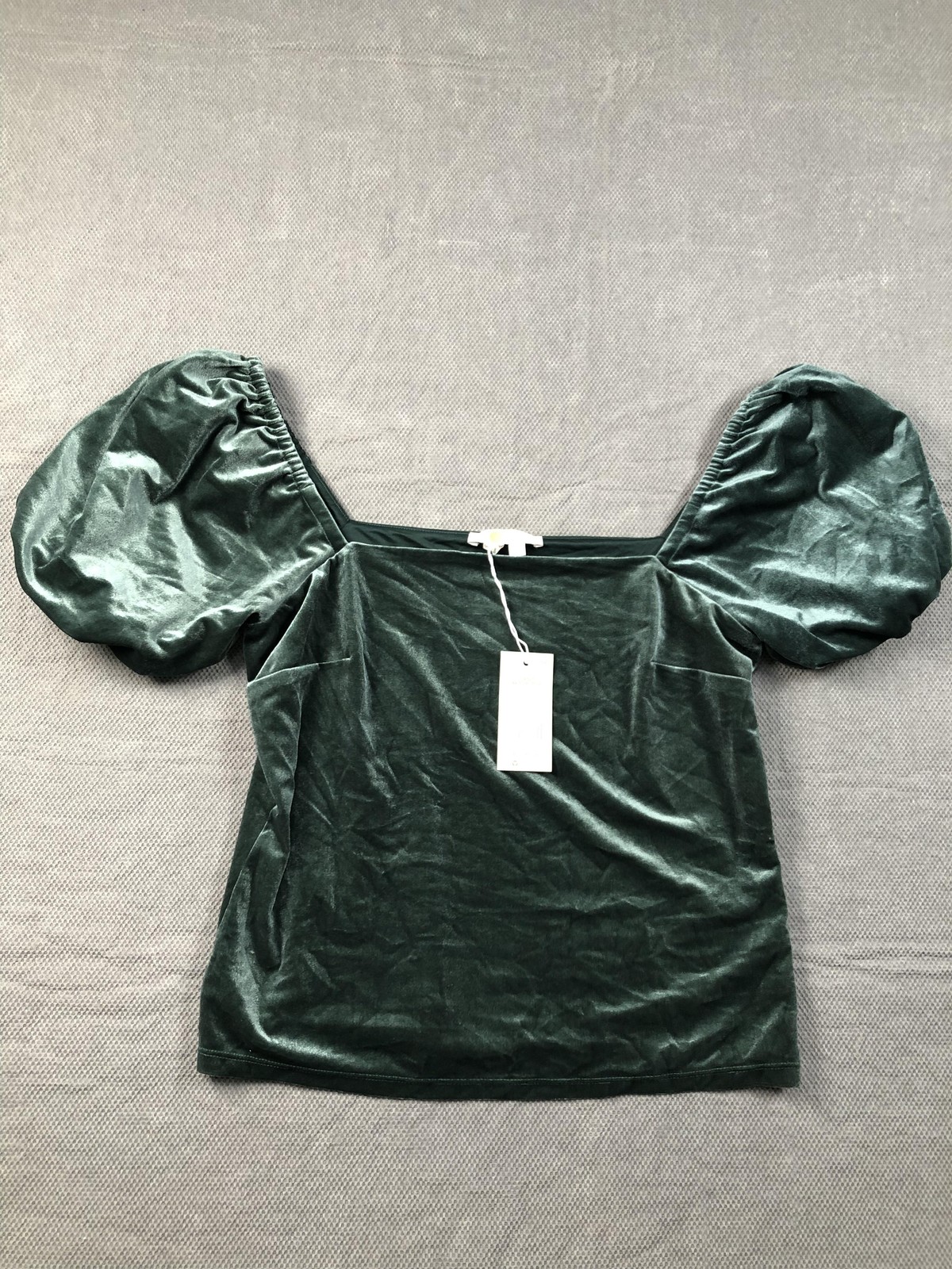 Boden Blouse Womens 8 Green Square Neck Short Puff Sleeve Velvet Top NWT