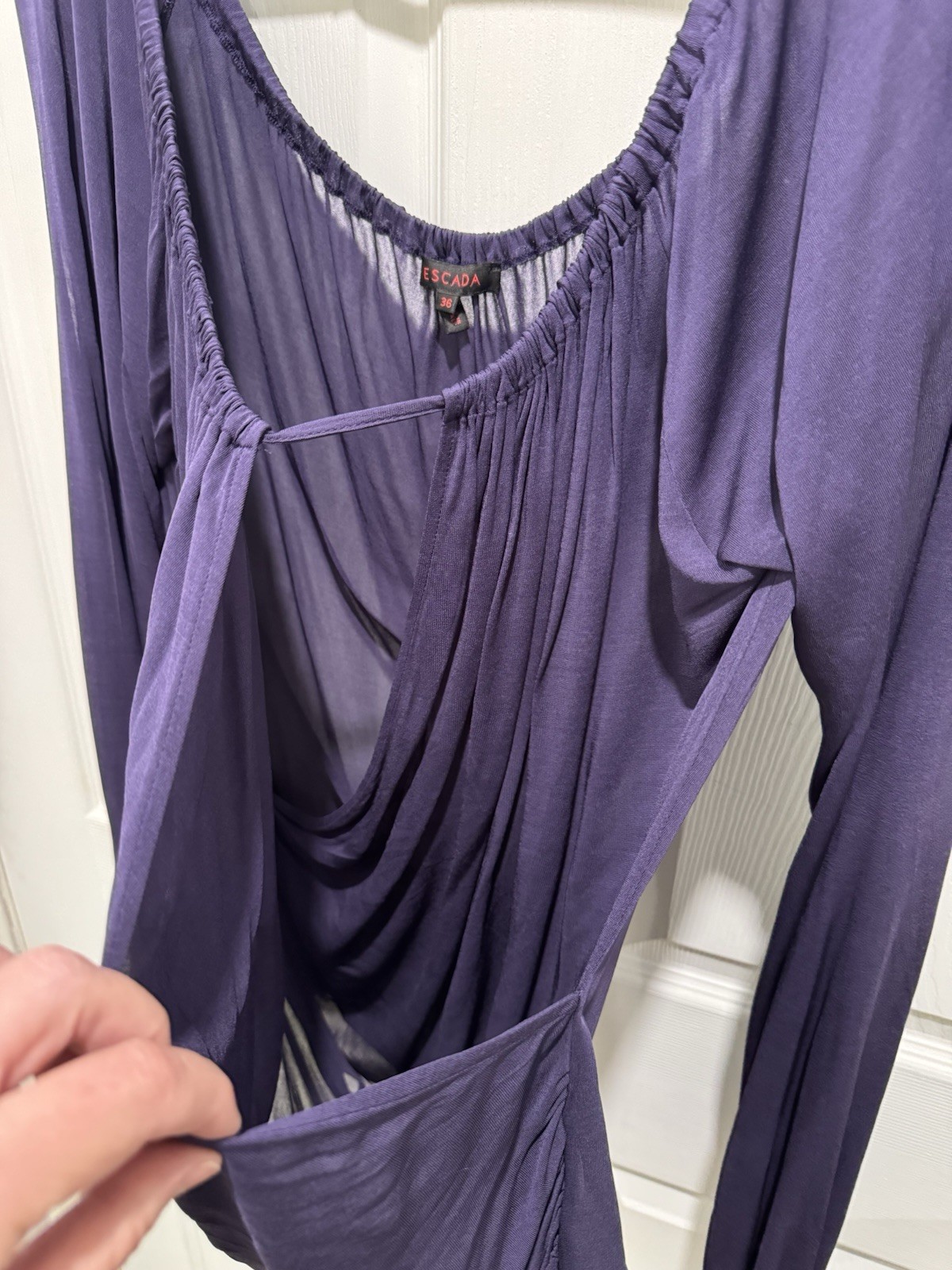 Escada Silk Long Sleeve Wrap Blouse Blue Purple Size 36 Blouson Sleeve FLAW