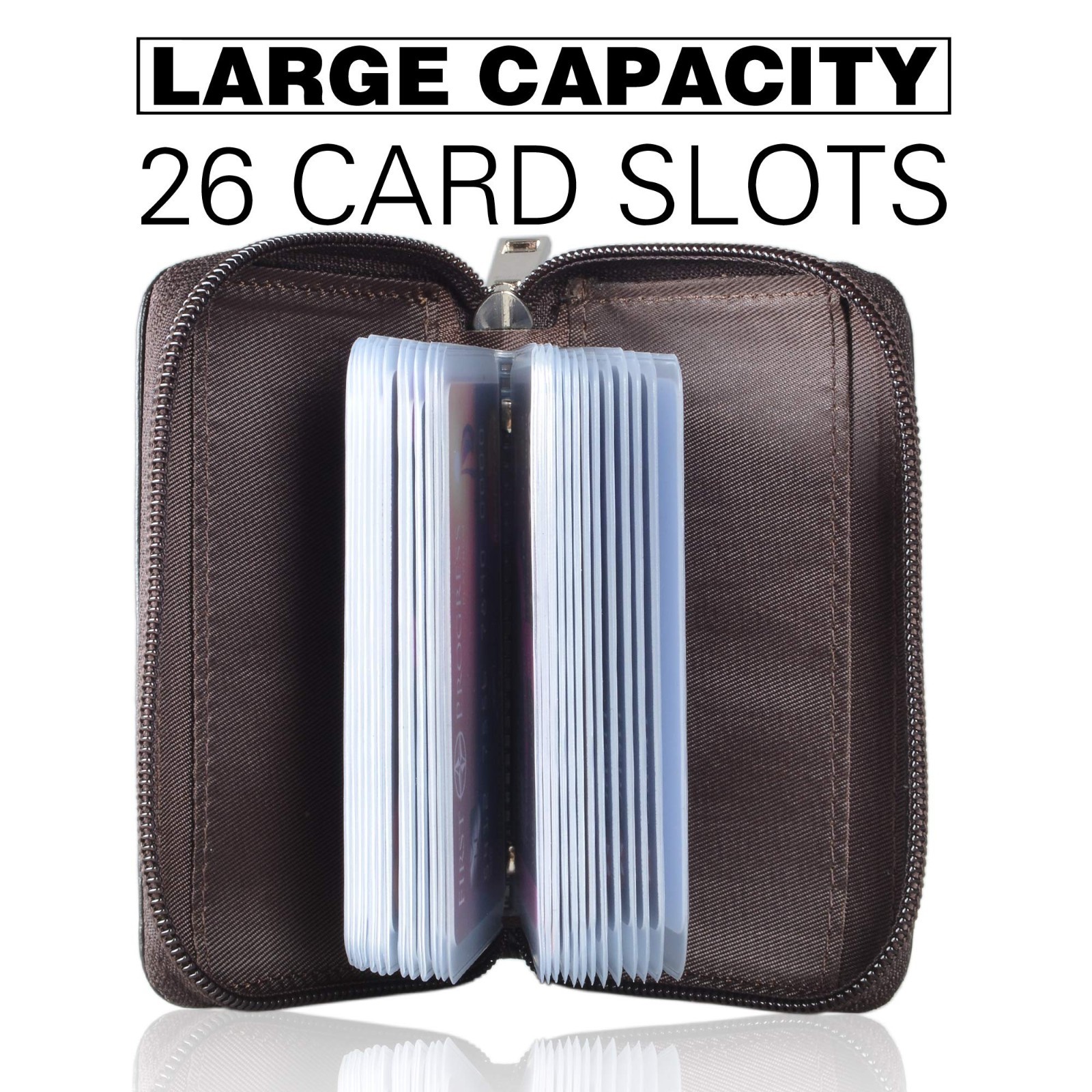 Premium Leather Zipper Wallet – 26 Card Slots, Compact Credit Card Holder