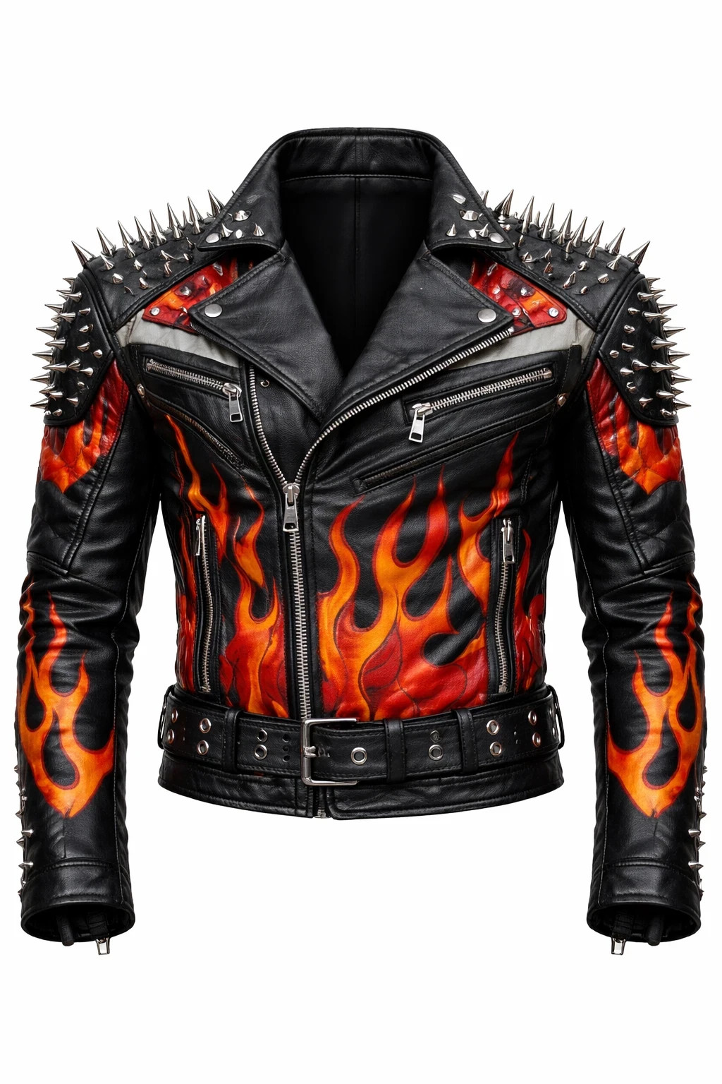 Men’s Studded Black Leather Biker Jacket Flame Design Punk Rock Motorcycle