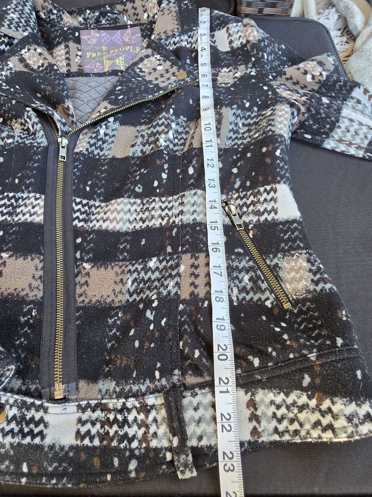 Free People Plaid Splatter Moto Jacket Zip Front Pockets Short Long Sleeve 10