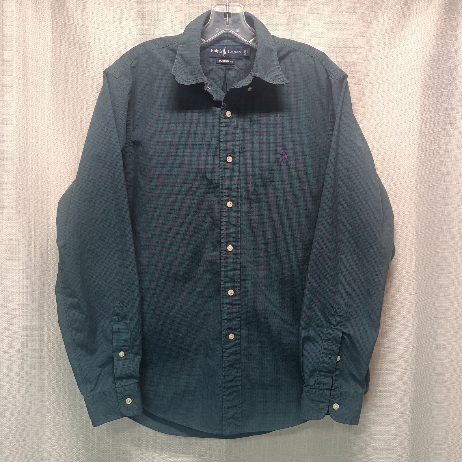 Ralph Lauren Custom Fit Purple Green Plaid Embroidered Pony Button Up Shirt L