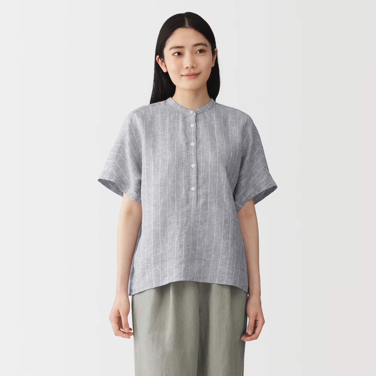 MUJI Womens 100% Linen Washed Short Sleeve Blouse Gray Stripe FedEx