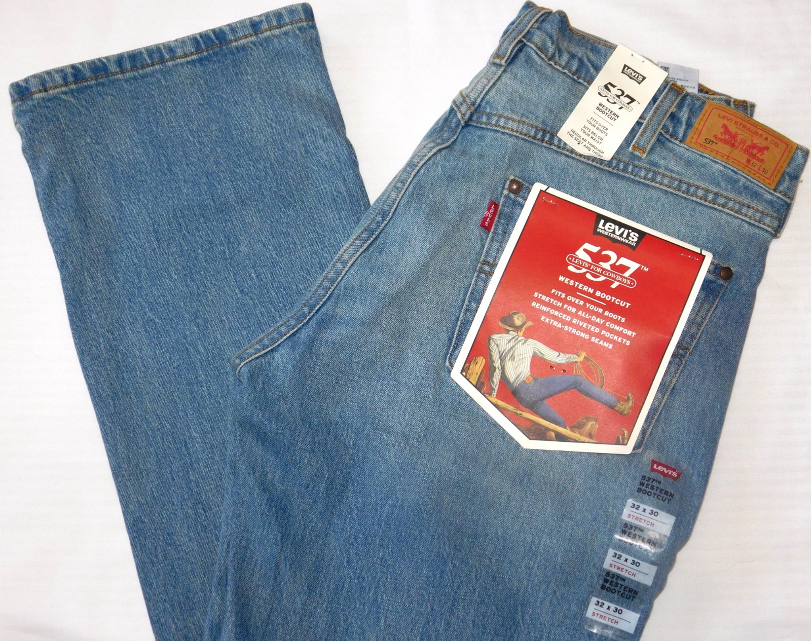 LEVIS 537 Western Bootcut Jeans Stretch Extra Strong Seams Running Early Lt Blue