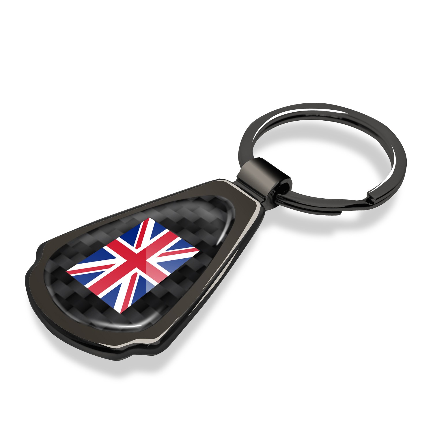 United Kingdom UK Flag Real Black Carbon Fiber Gunmetal Gray Teardrop Key Chain