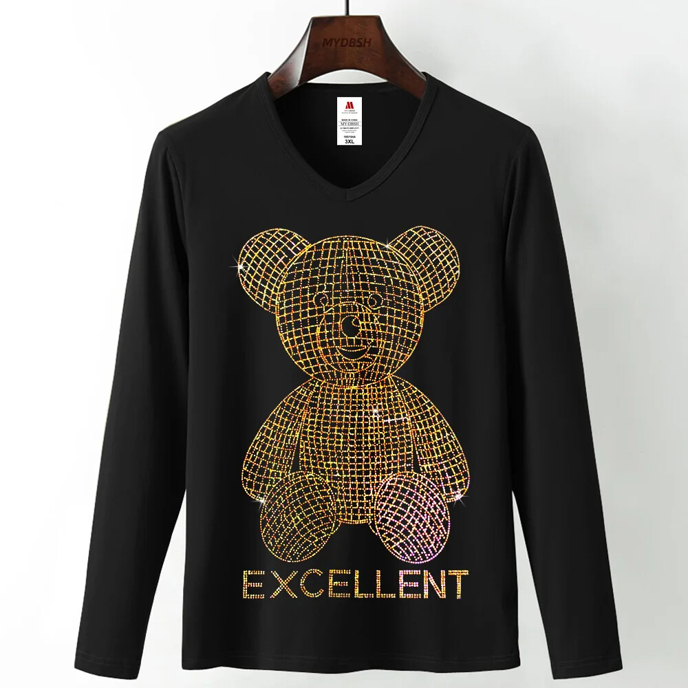 Fashion Trend Bear Rhinestones Streetwear Long Sleeve Luxury Men V-Neck T-Shirt