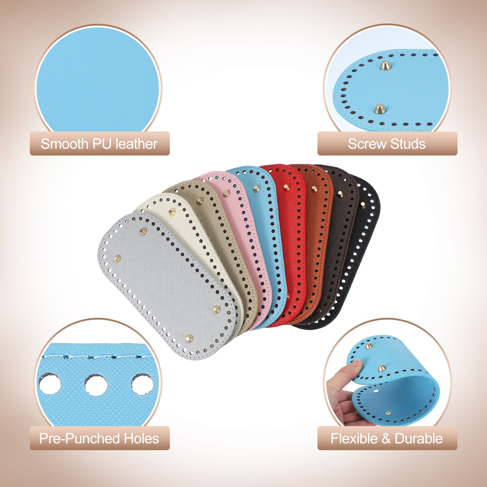 2Pcs Oval PU Leather Bag Bottom Shaper with Holes & Nails 9.8×4.7 Inch Blue