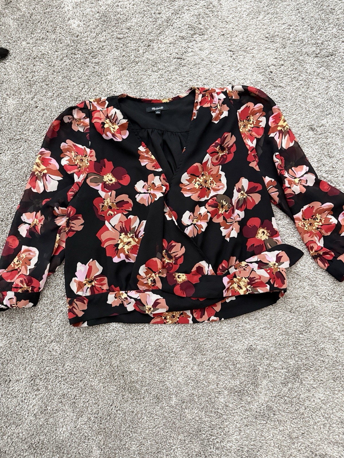 Madewell Women’s Floral Wrap Blouse – Black/Red/Pink, V-Neck, 3/4 Sleeve, Tie