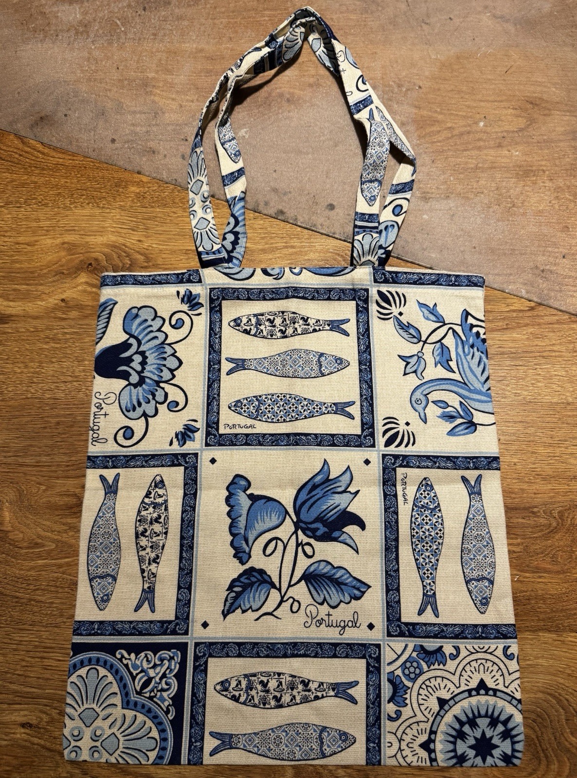 Made In Portugal Blue White Portuguese Tiles Azulejos Sardines Cotton Tote Bag