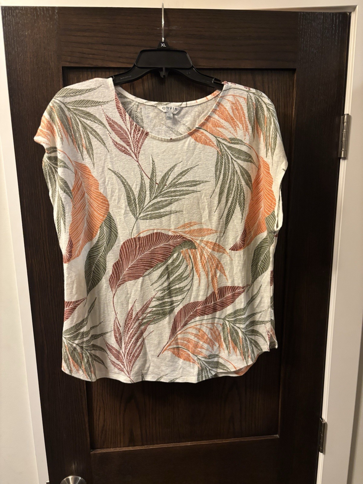 ORVIS Women’s 52% Linen Polyester Top Short Sleeve Botanical Leafy Multicolor L