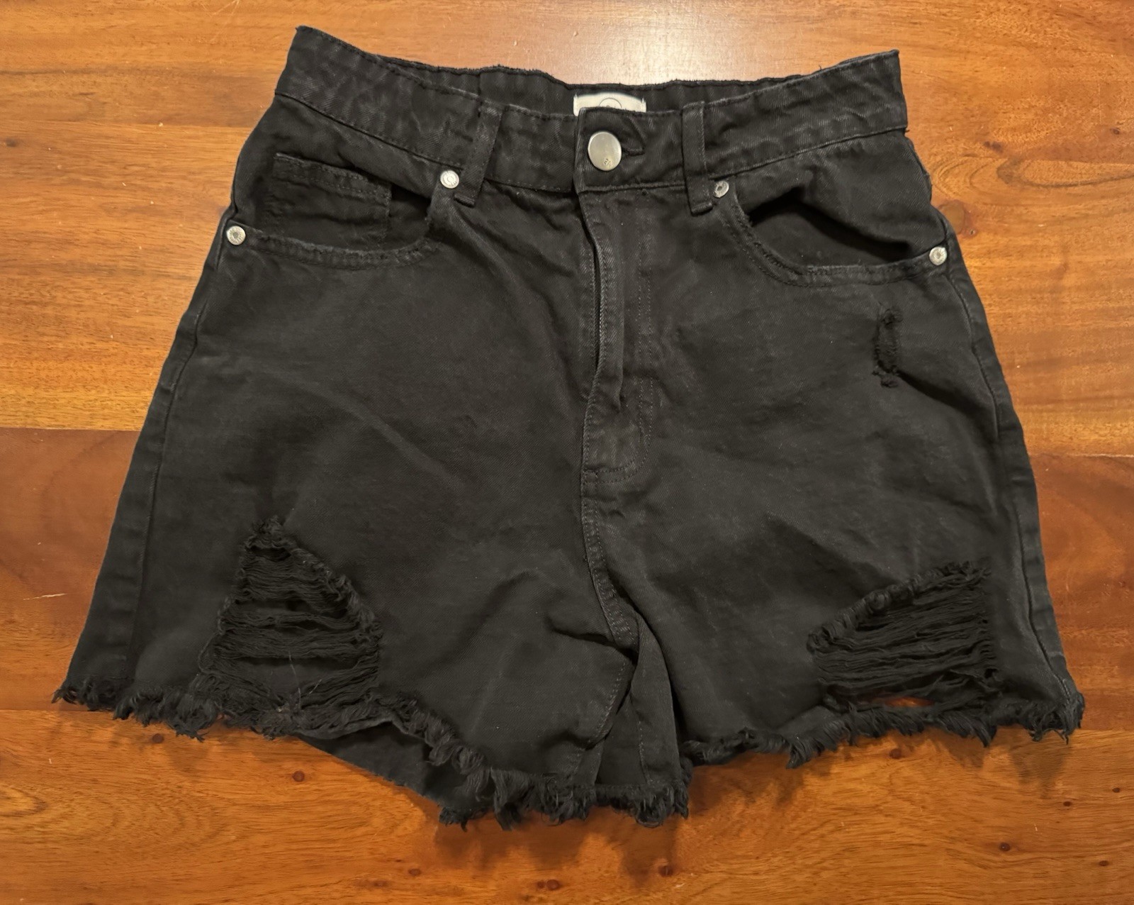 91 Cotton On High Flashback Destroyed Frayed Hem Black Denim Shorts Sz 6