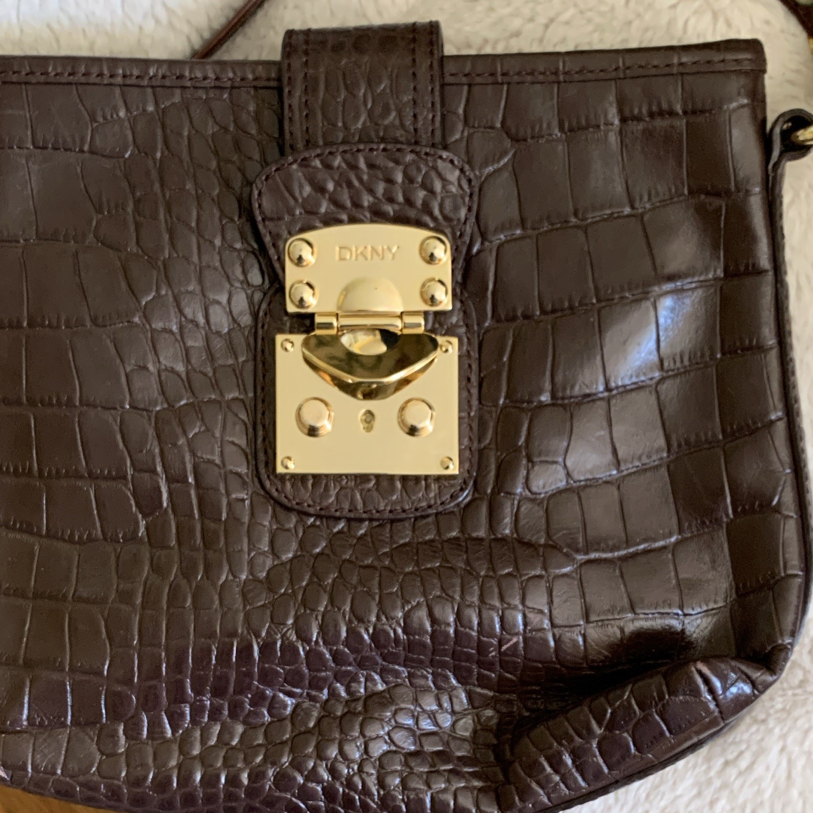 DKNY Women’s Brown Crocodile Embossed Crossbody Push Lock Gold Hardware