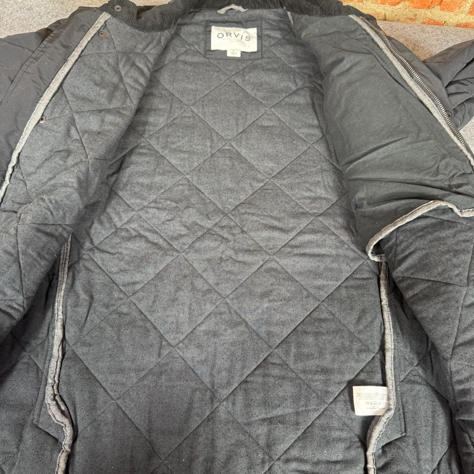 Orvis Quilted Field Jacket Black Diamond Quilt Snap Zip Coat Mens Medium