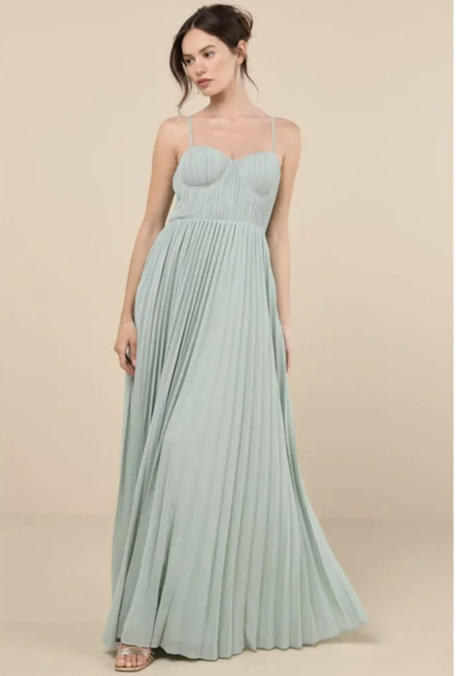 Lulus Admirable Elegance Sage Green Pleated Bustier Maxi Dress – Size M
