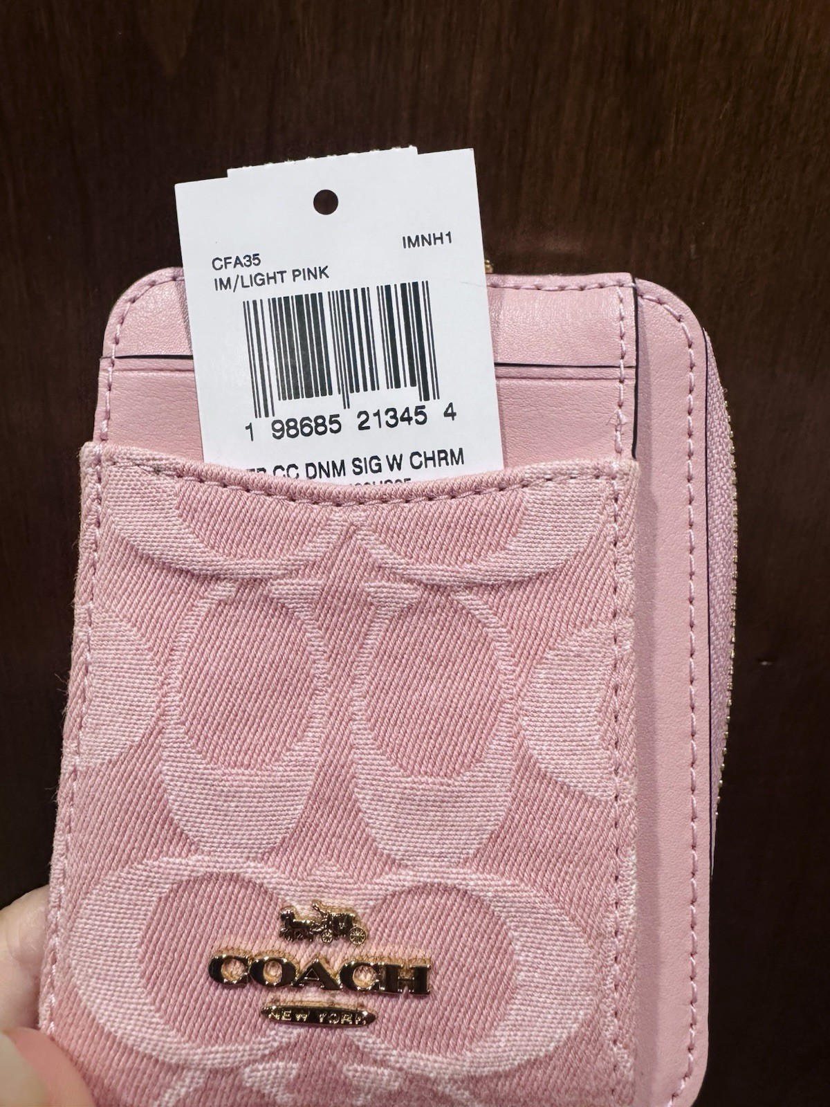 Coach Zip Card Case In Signature Denim With Charm/Gold/Light Pink CFA35 NWT