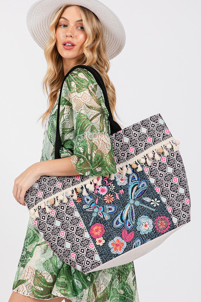 Anthropologie Style Women Boho Pattern Dragonfly Tassel Beach Resort Tote Bag