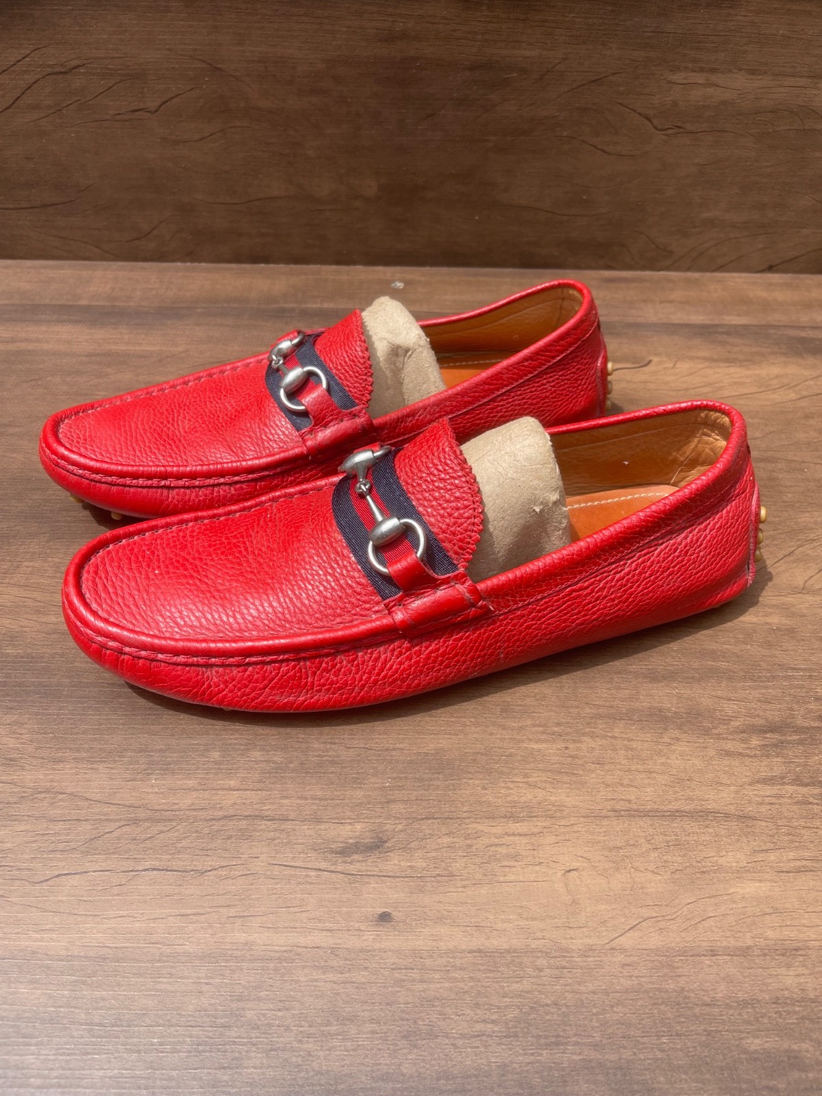 Gucci Men’s Red Damo Calfskin Leather Horsebit Driving Loafers🔥🔥🔥