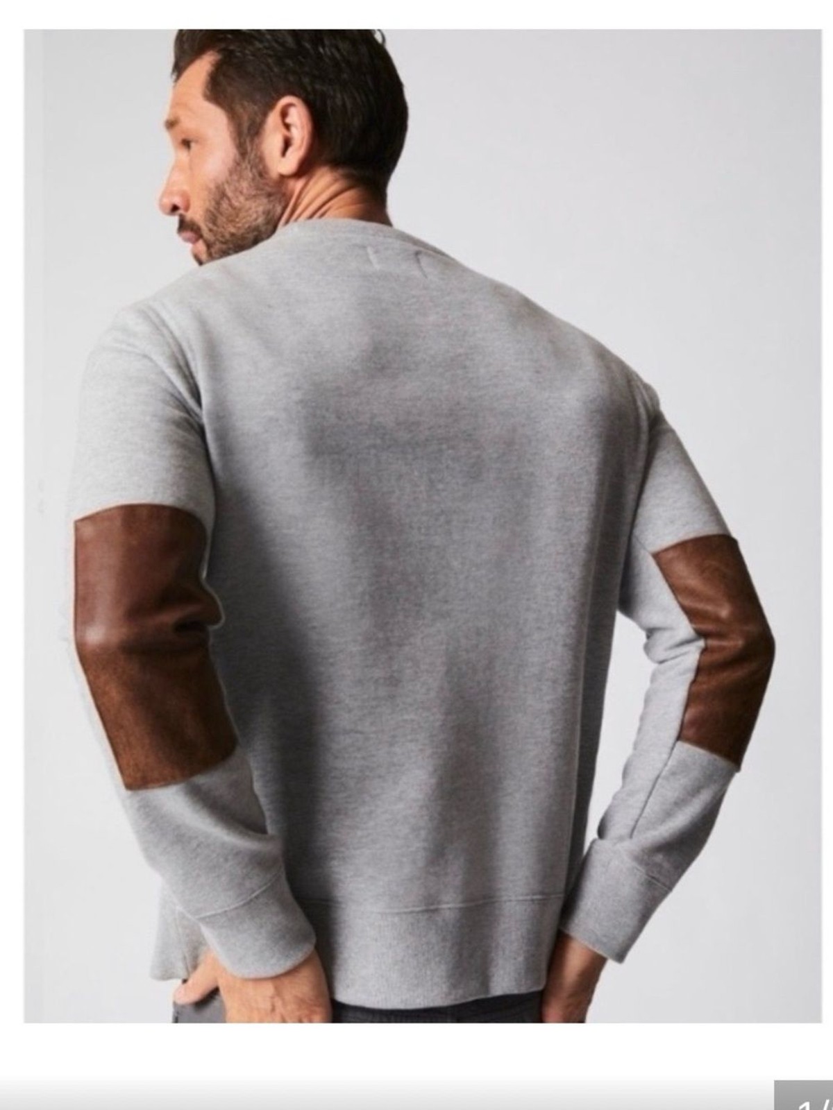 Billy Reid Men’s Grey Crewneck Sweater with Leather Elbow Patches
