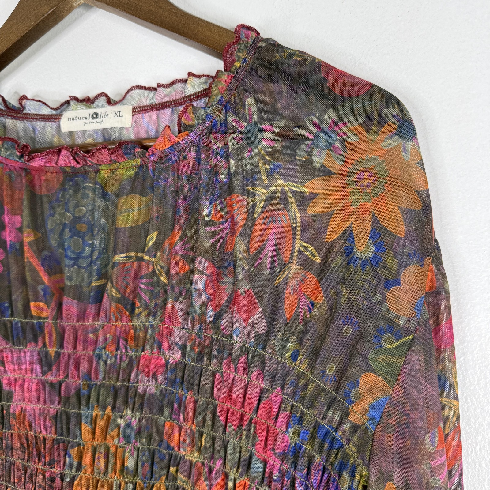 Natural Life Top Womens XL Floral Sheer Mesh Smocked Long Sleeve Ruffle Blouse