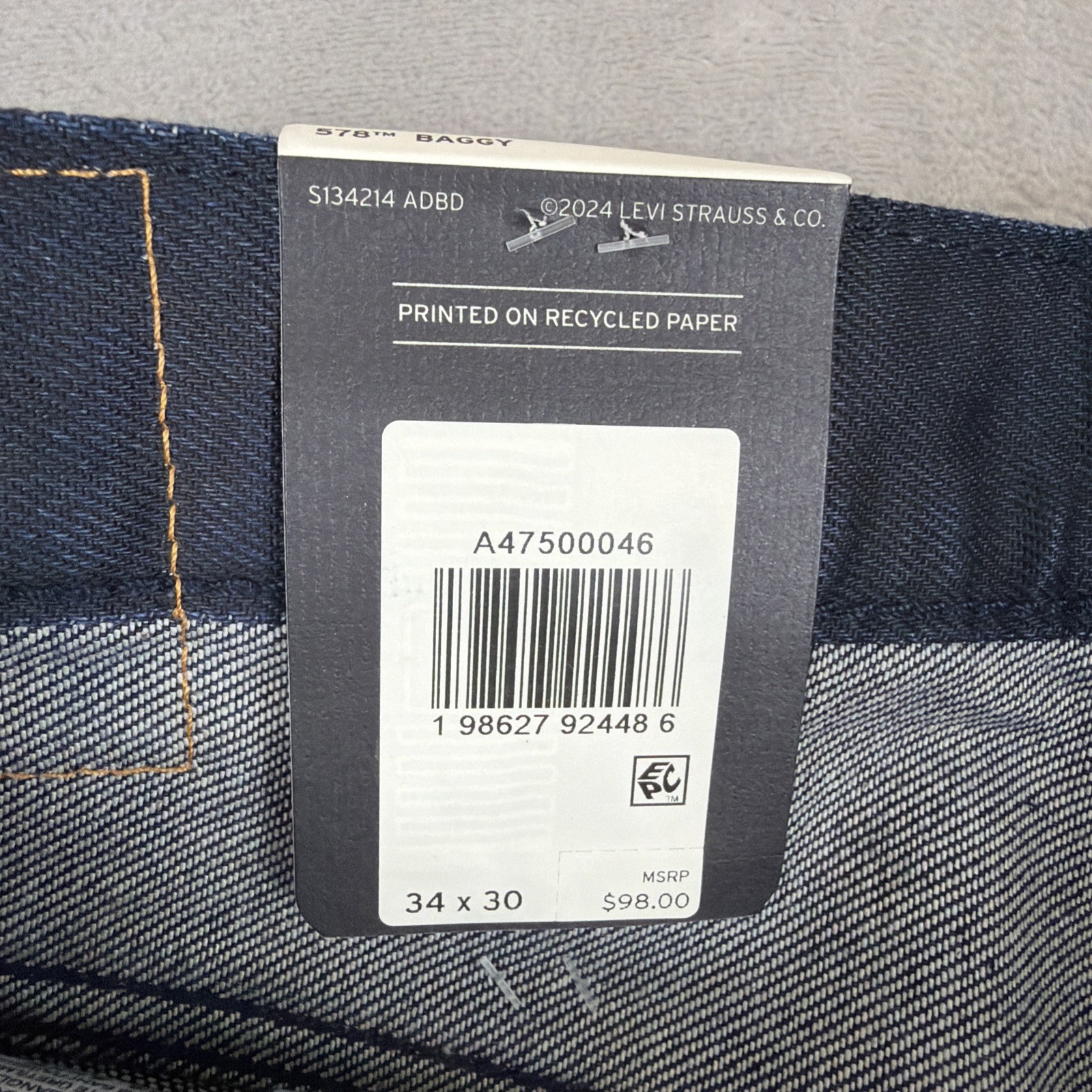 Levi’s Premium 578 Baggy Coated Denim Jeans Men’s Size 34×30 Blue Cotton Y2K