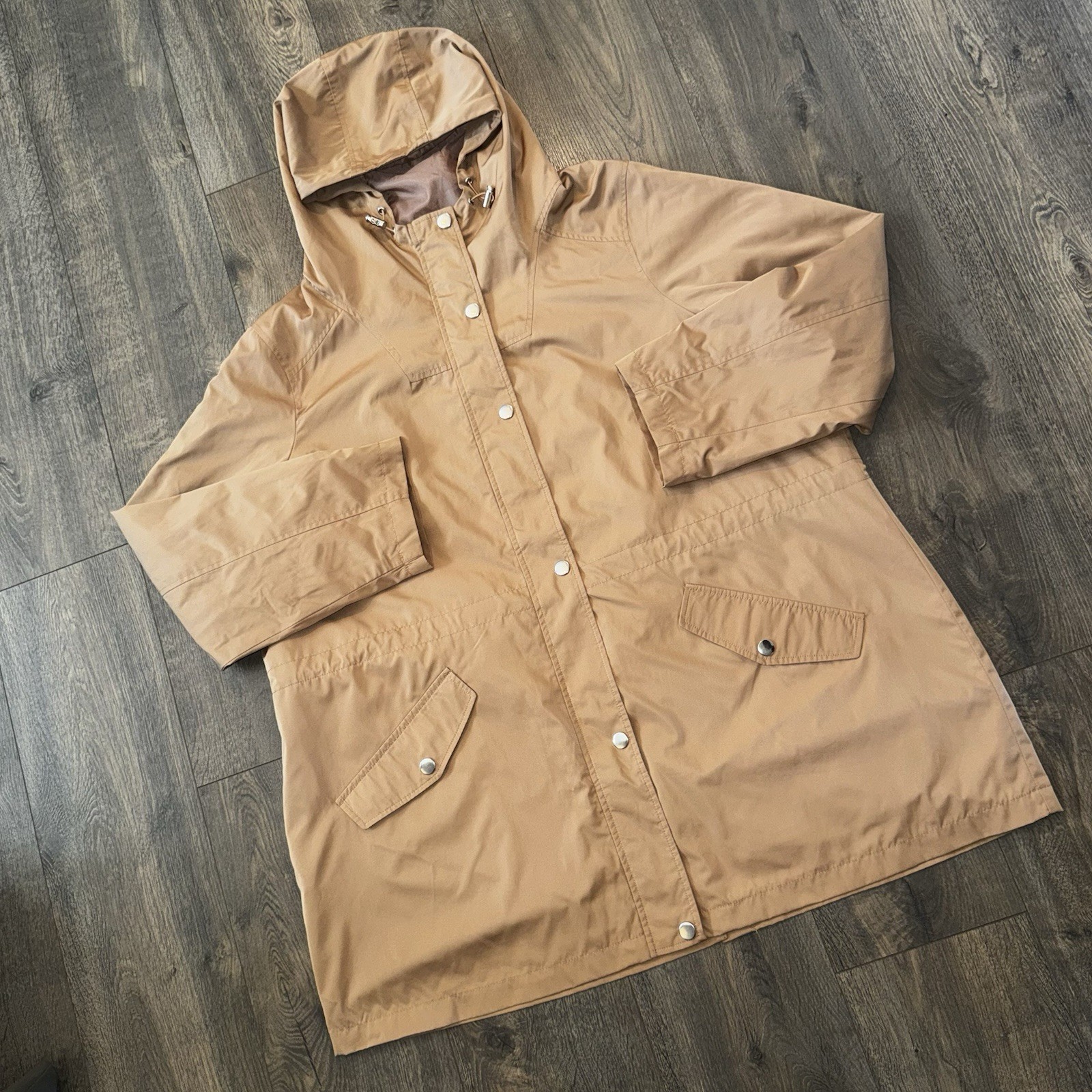 Time&Tru Women’s 1X Hooded Utility Jacket Zipup Button Hooded Khaki Windbreaker