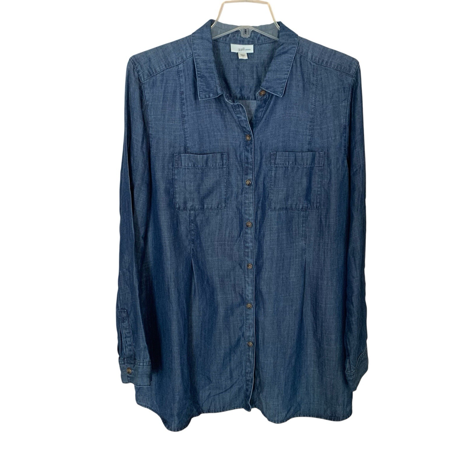 J Jill Denim Women Sz.L Chambray Blue Button Down Front Pockets Tunic Shirt