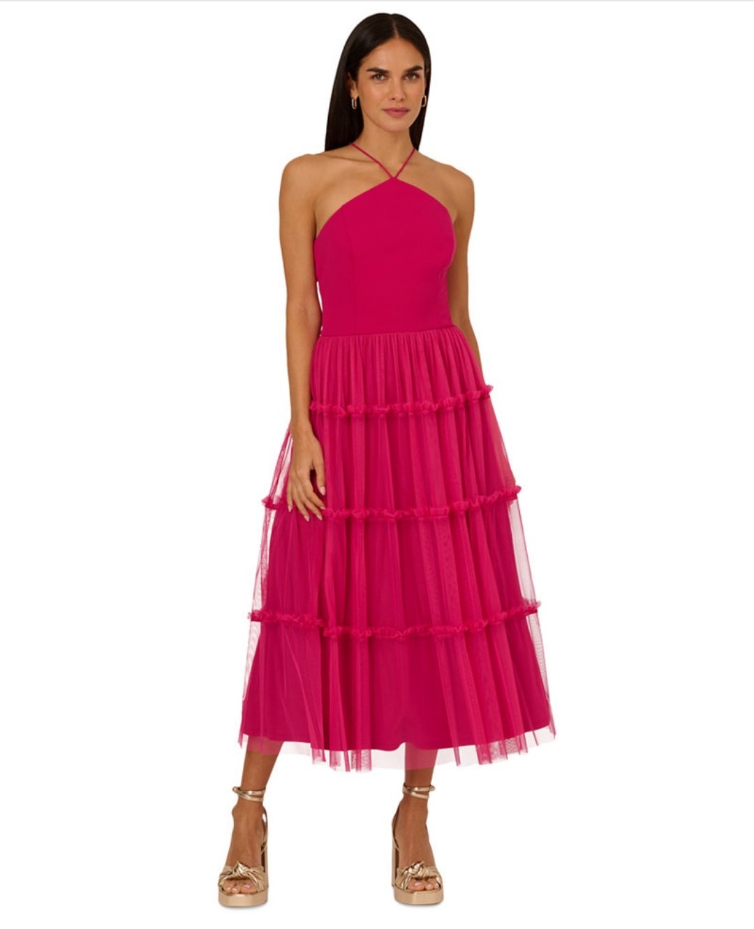 Adrianna Women’s Ruffled Tiered Midi Dress Size 10 Color Bright Rose MSRP $245