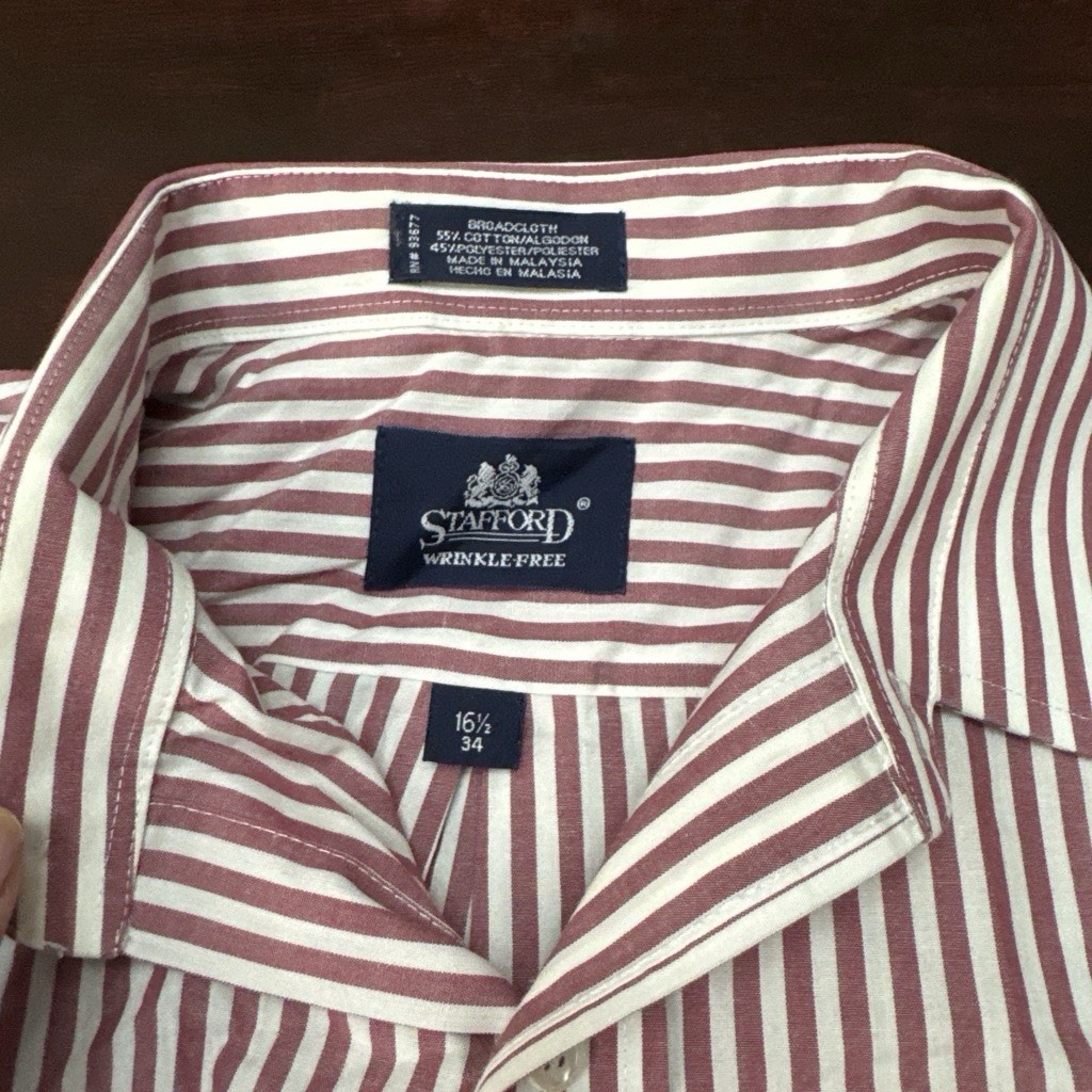 Stafford Wrinkle Free Burgundy/White Striped Dress Shirt Point Collar 16.5×34