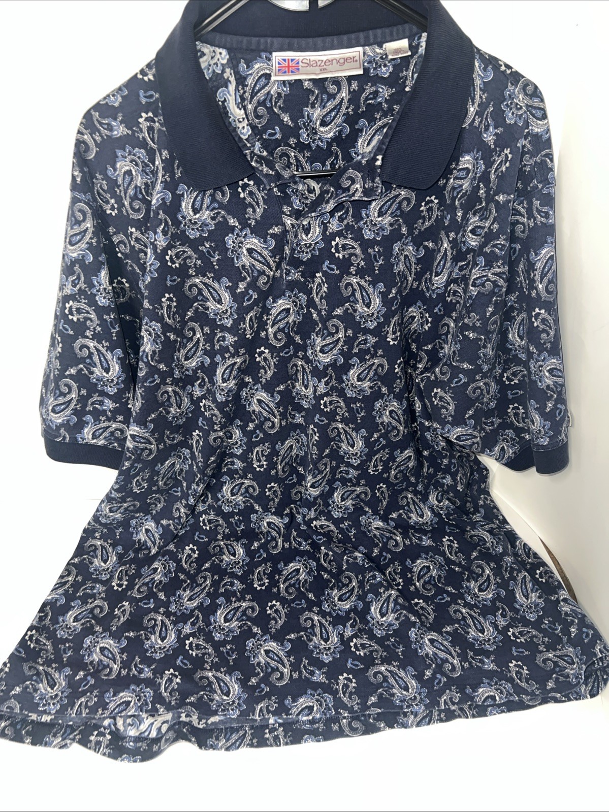 VTG Slazenger polo shirt Navy Blue With White And Blue Paisley Pattern XXL