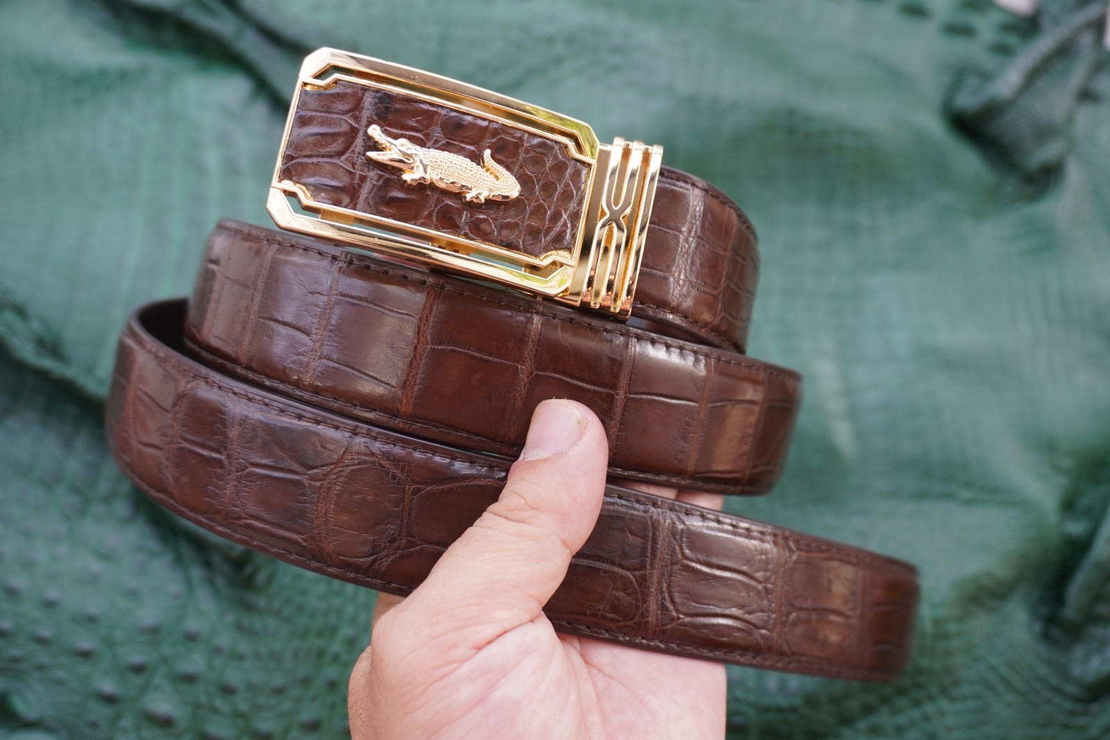W1.3 inch Brown Genuine Crocodile Belly Leather Skin Men’s Belt Buckle #D32