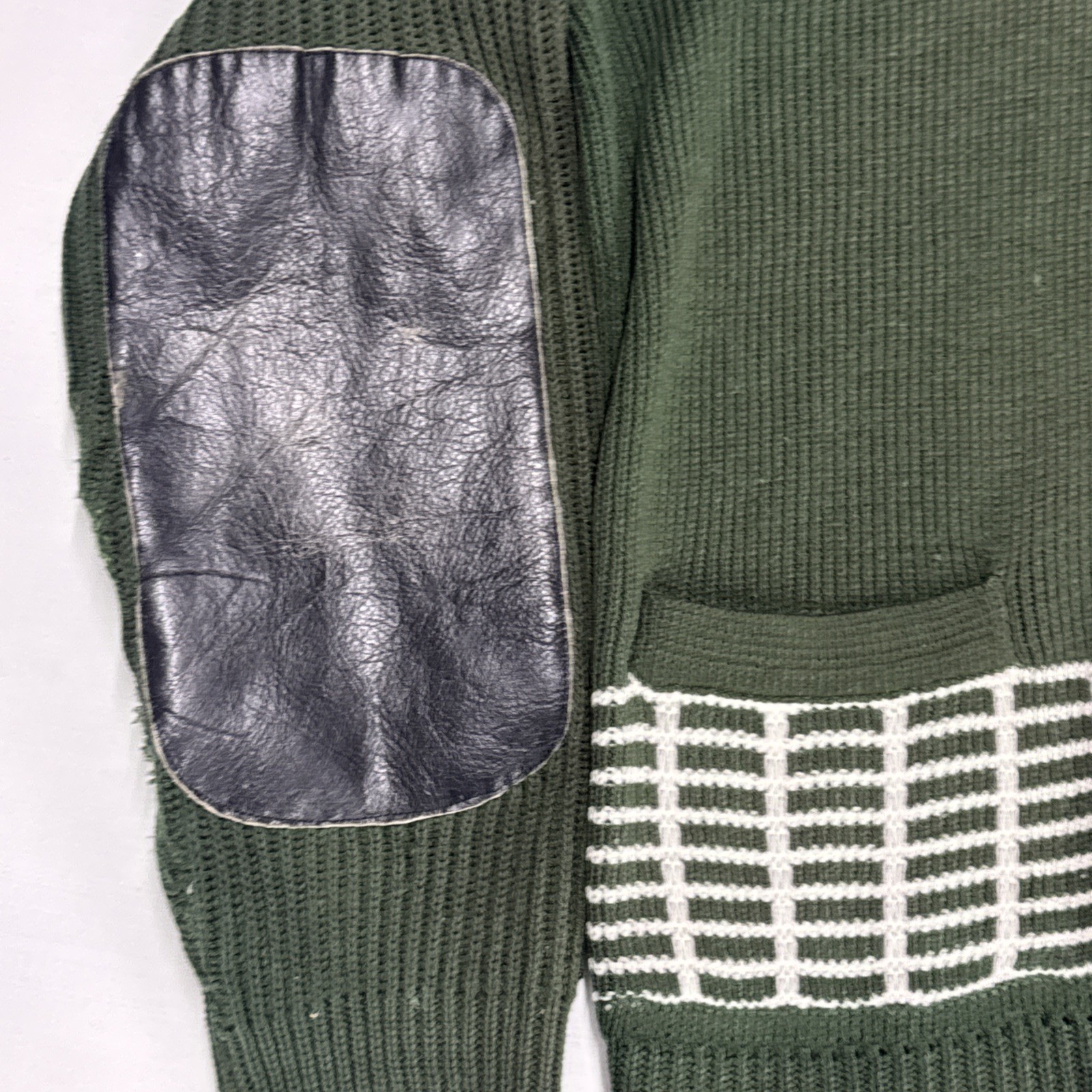 Vintage ZIP CARDIGAN Mens L Green Ribbed Knit Mock Neck Elbow Pads Classic