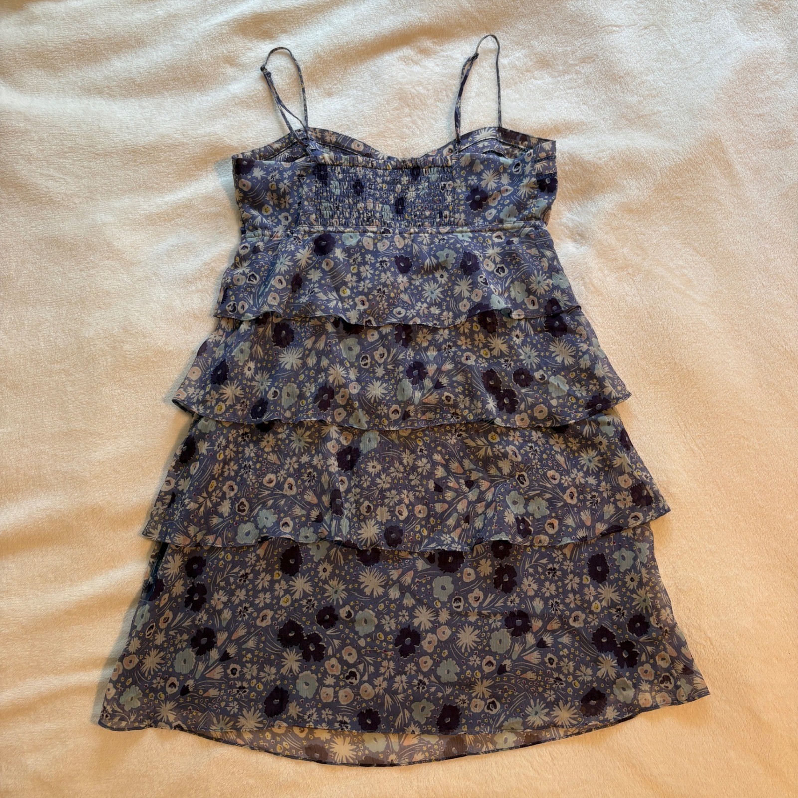 American Eagle Floral Tiered Mini Dress Blue Purple Boho Cottagecore Size 4