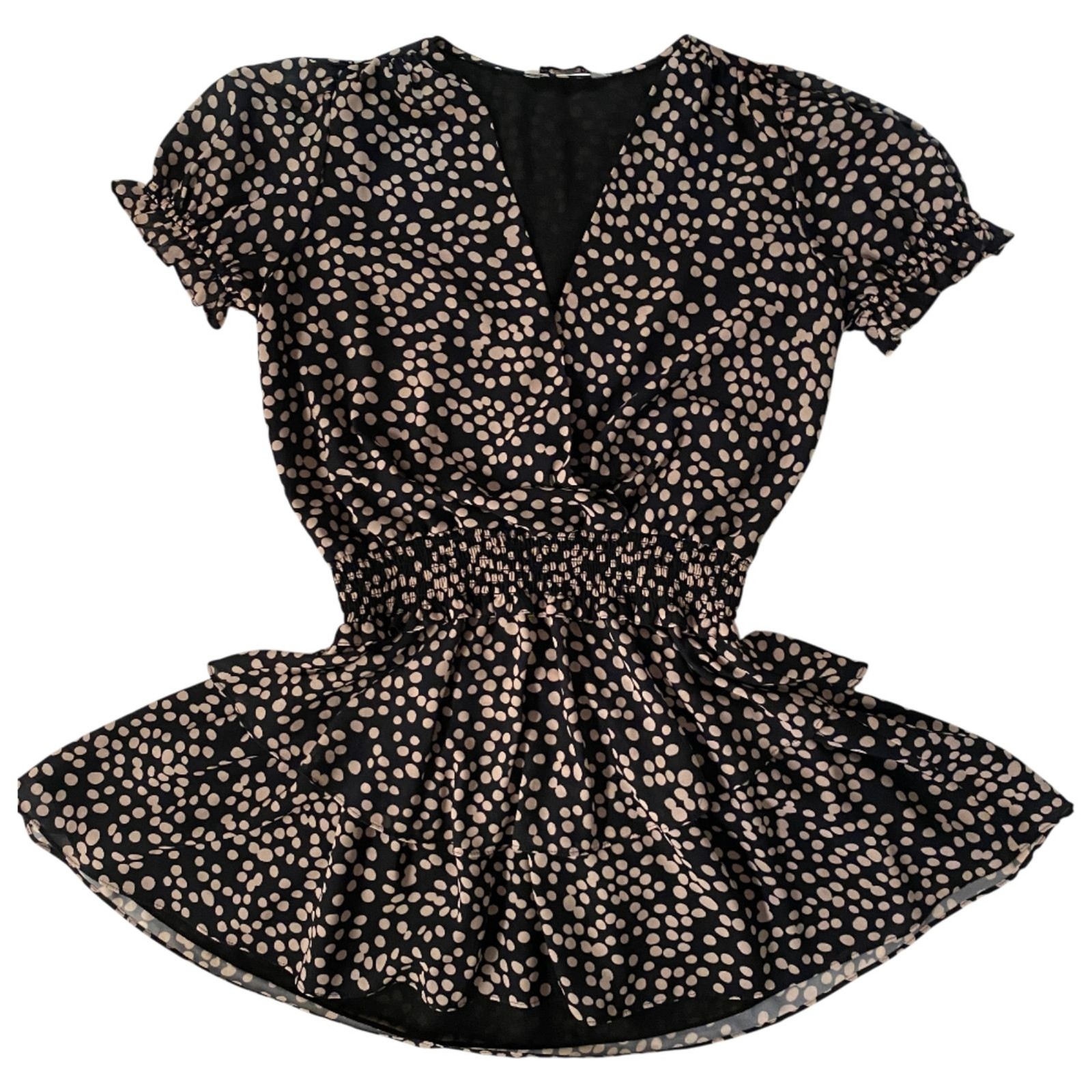 Amanda Uprichard Velma Black & White Polka Dot Ruffle Smocked Mini Revolve Med.