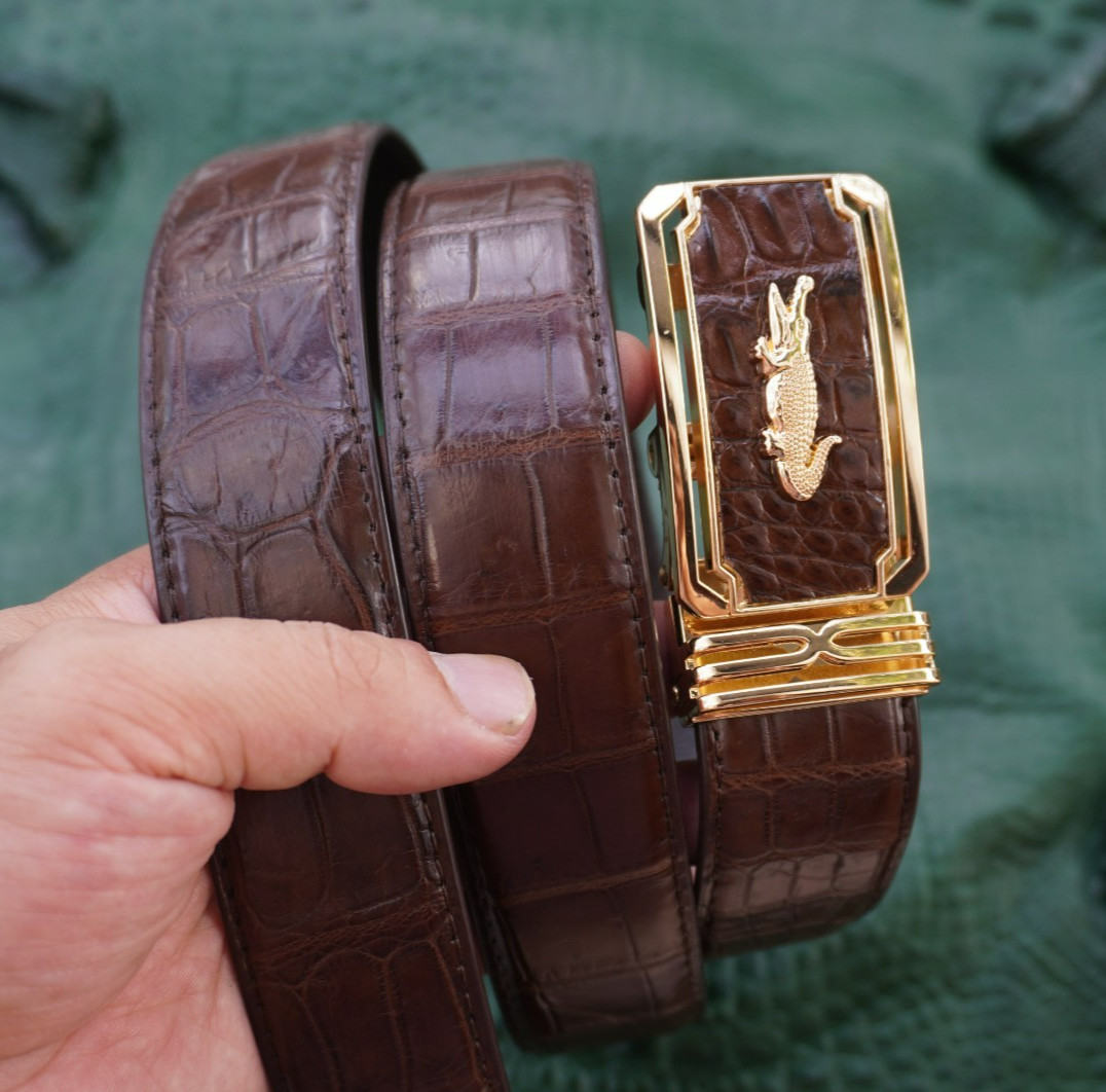 W1.3 inch Brown Genuine Crocodile Belly Leather Skin Men’s Belt Buckle #D30