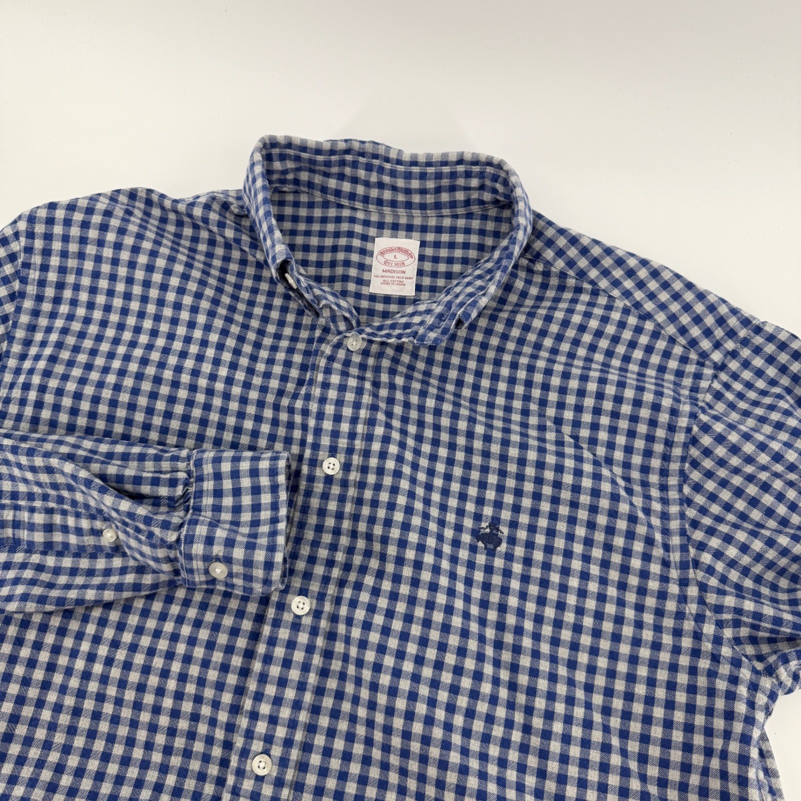 Brooks Brothers Madison Mens Blue Gingham Check Cotton Button Down Shirt Large