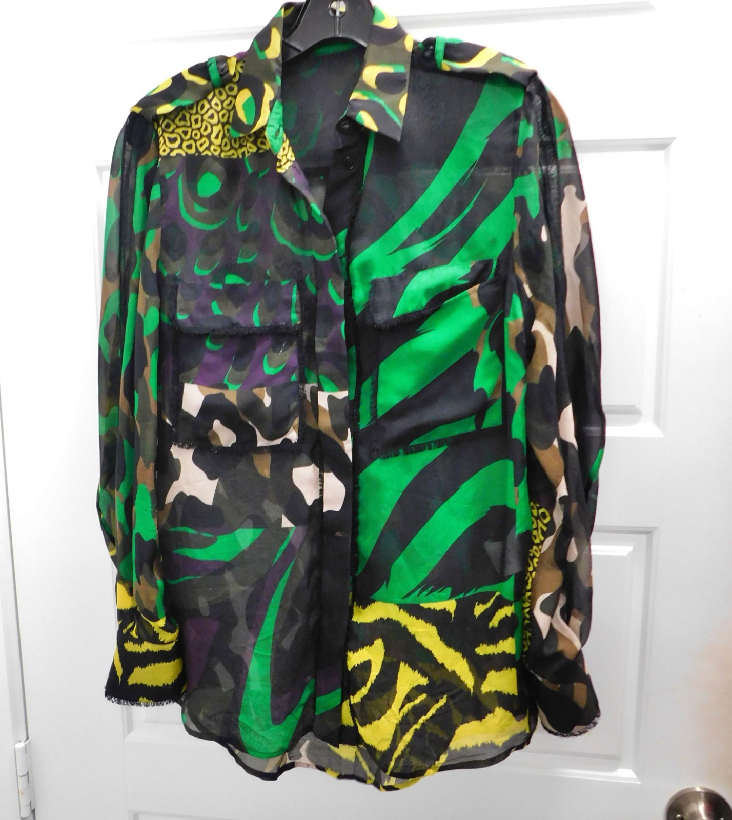 Versace Silk Animal Print Shirt Green Black Brown Yellow sz 38