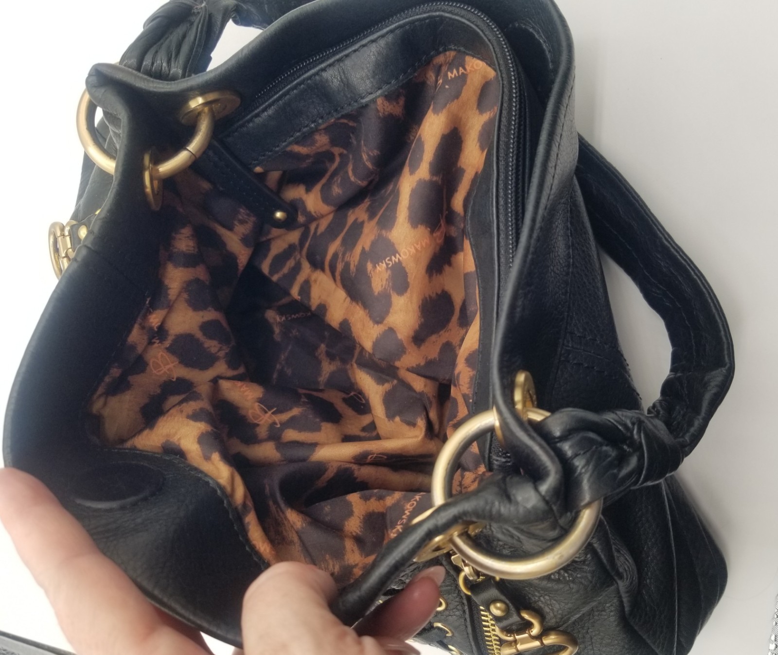 B Makowsky Black Pebble Leather Hobo Bag Gold Hardware Corset Lace Up, Side Zips