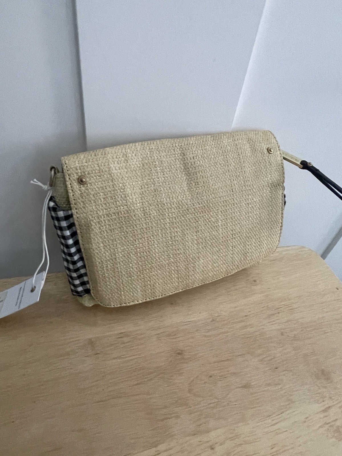 Abbie Emmie Beige Gingham Bow Crossbody Bag Detachable Chain Strap Snap Zip