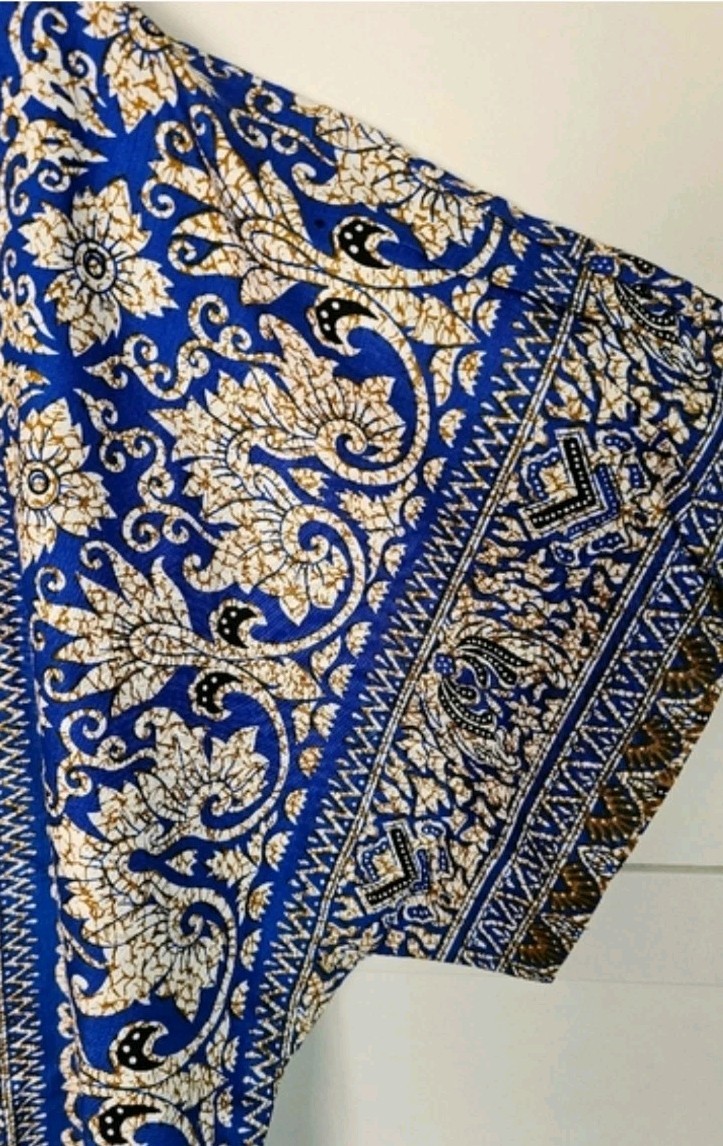 Batik Art 100% Cotton Blue Batik Caftan OSFM VTG POCKETS Boho Lounge Unworn