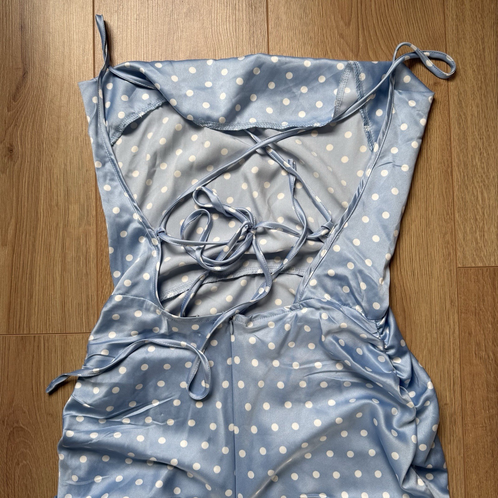 In The Style Blue Polka Dot Satin Dress UK 6 BNWT Strappy Ruffle Cowl Neck