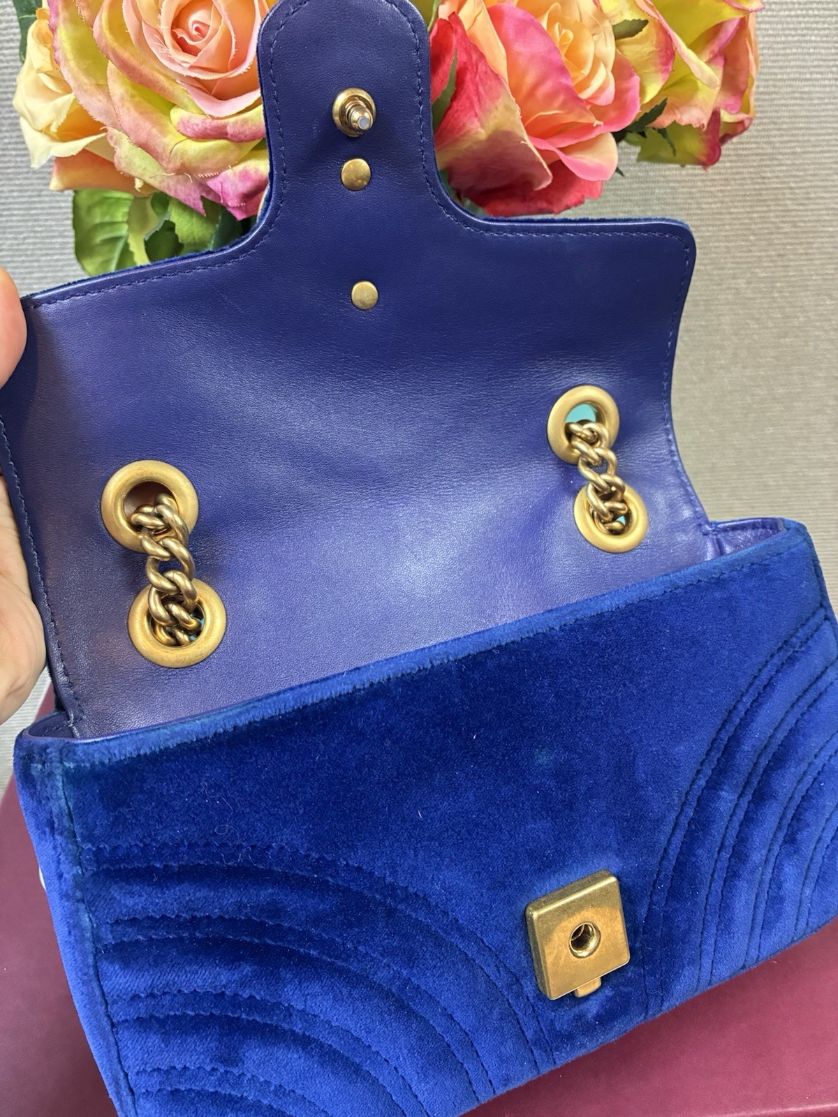 Gucci Marmont Blue Velvet Quilted Shoulder Bag – Excellent Pre Loved Condition