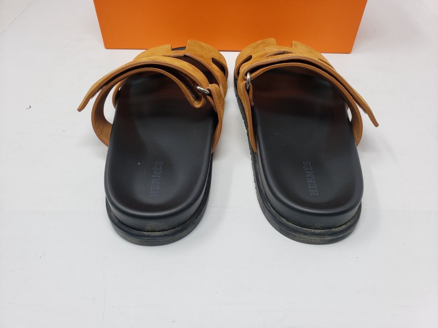 Hermes Chypre Sandals Camel Tan Size 37.5 / US 7 Adjustable w/ Box Dust Bag